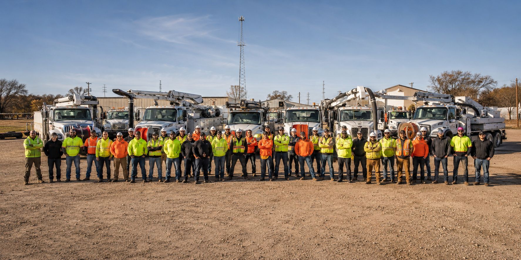 The full TekLink fleet and crew, staged together at the yard. Trucks lined up, everyone in frame, shot wide and slightly low so it reads as a real operation.