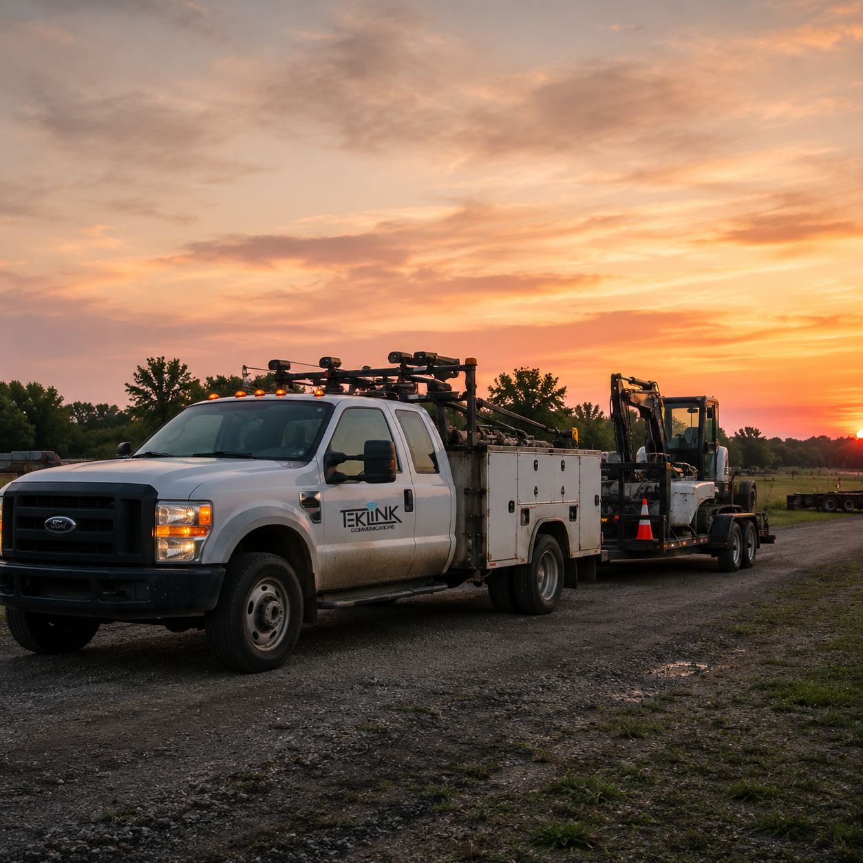 Truck and trailer staged at dawn on a job.