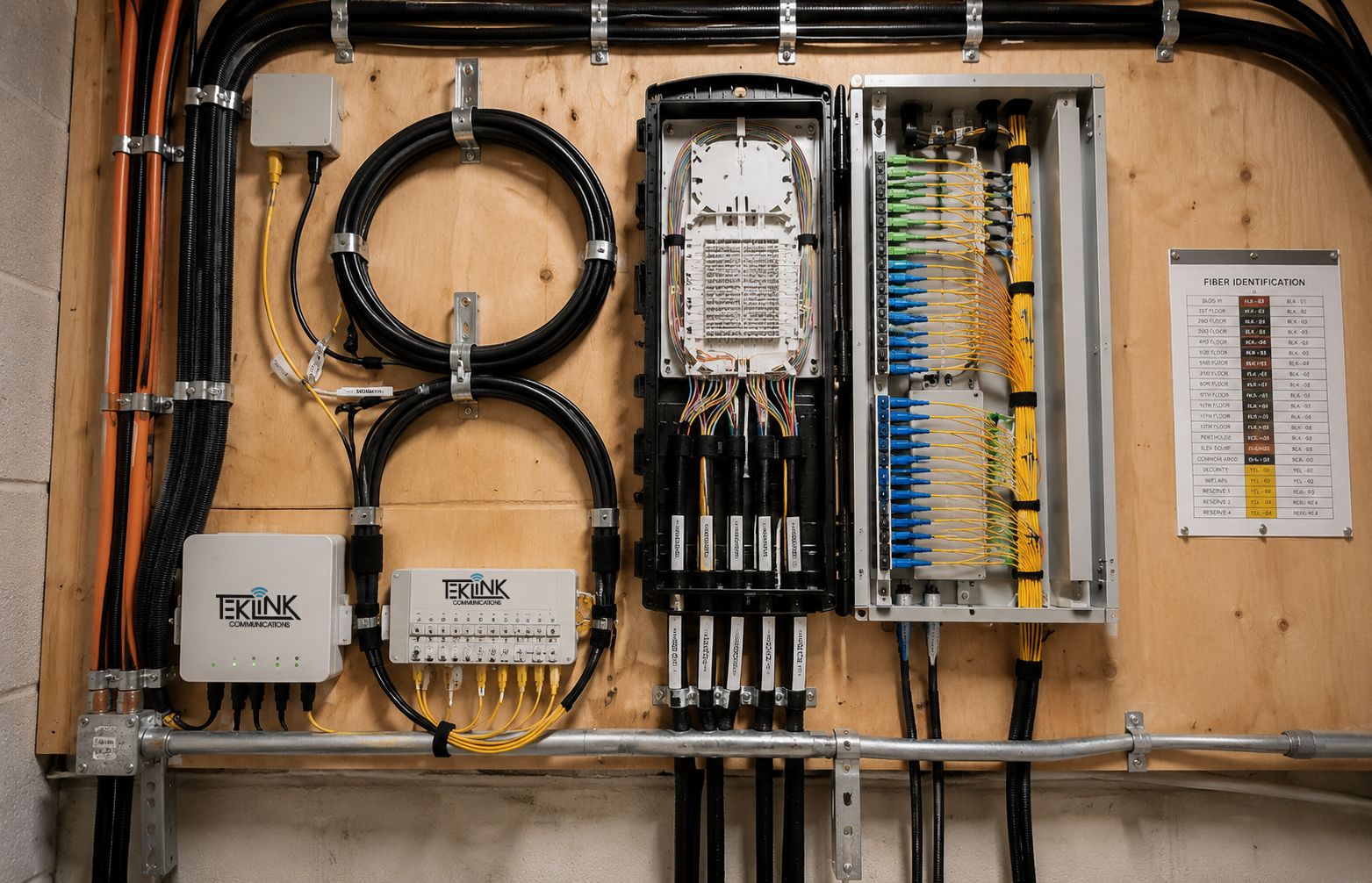 MDU riser or telecom room after the work: cable dressed and labelled on a backboard, nothing hanging loose.
