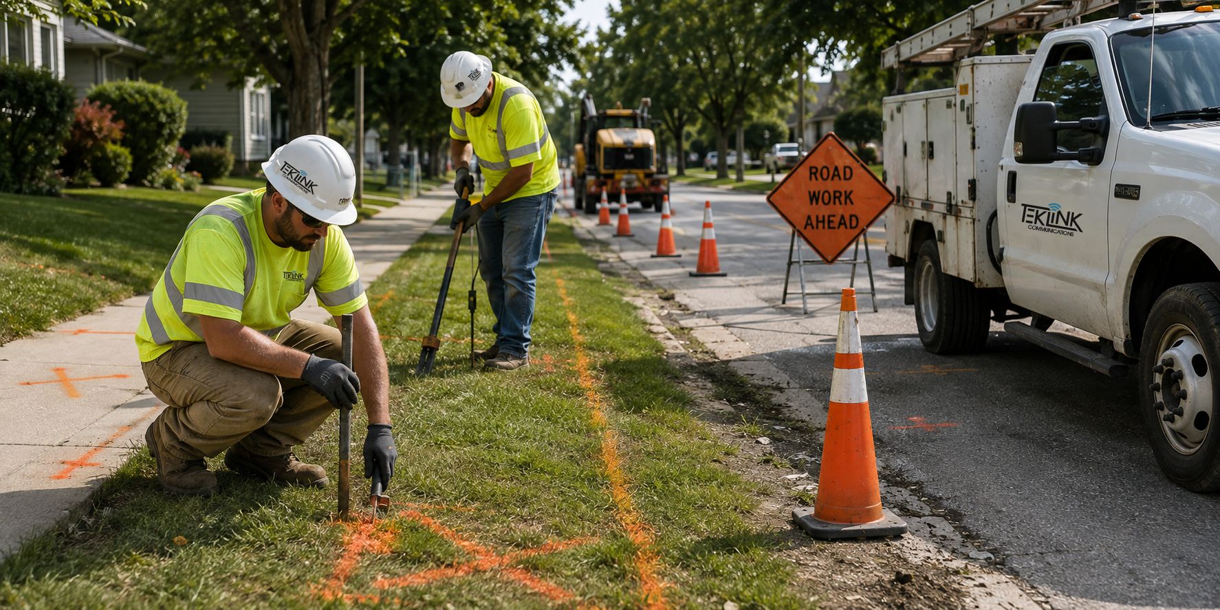 Crew in full PPE working a marked-up right of way: hard hats, hi-vis, safety glasses, cones and signage set, orange locate paint clearly visible on the ground.