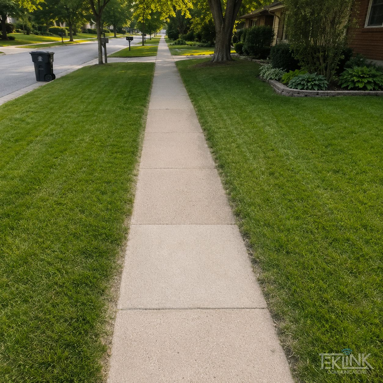 Detail of restored work that proves the standard: a lawn healed over a drop run, or a patched sidewalk crossing with a clean seam.